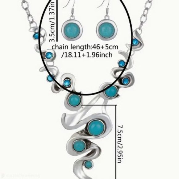 3 Piece Set Necklace Earrings Faux Silver Turquoise Rhinestones Boho Statement - Picture 3 of 3